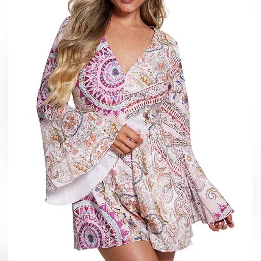 Guess Kali Paisley Cutout Long Sleeve Linen Romper L